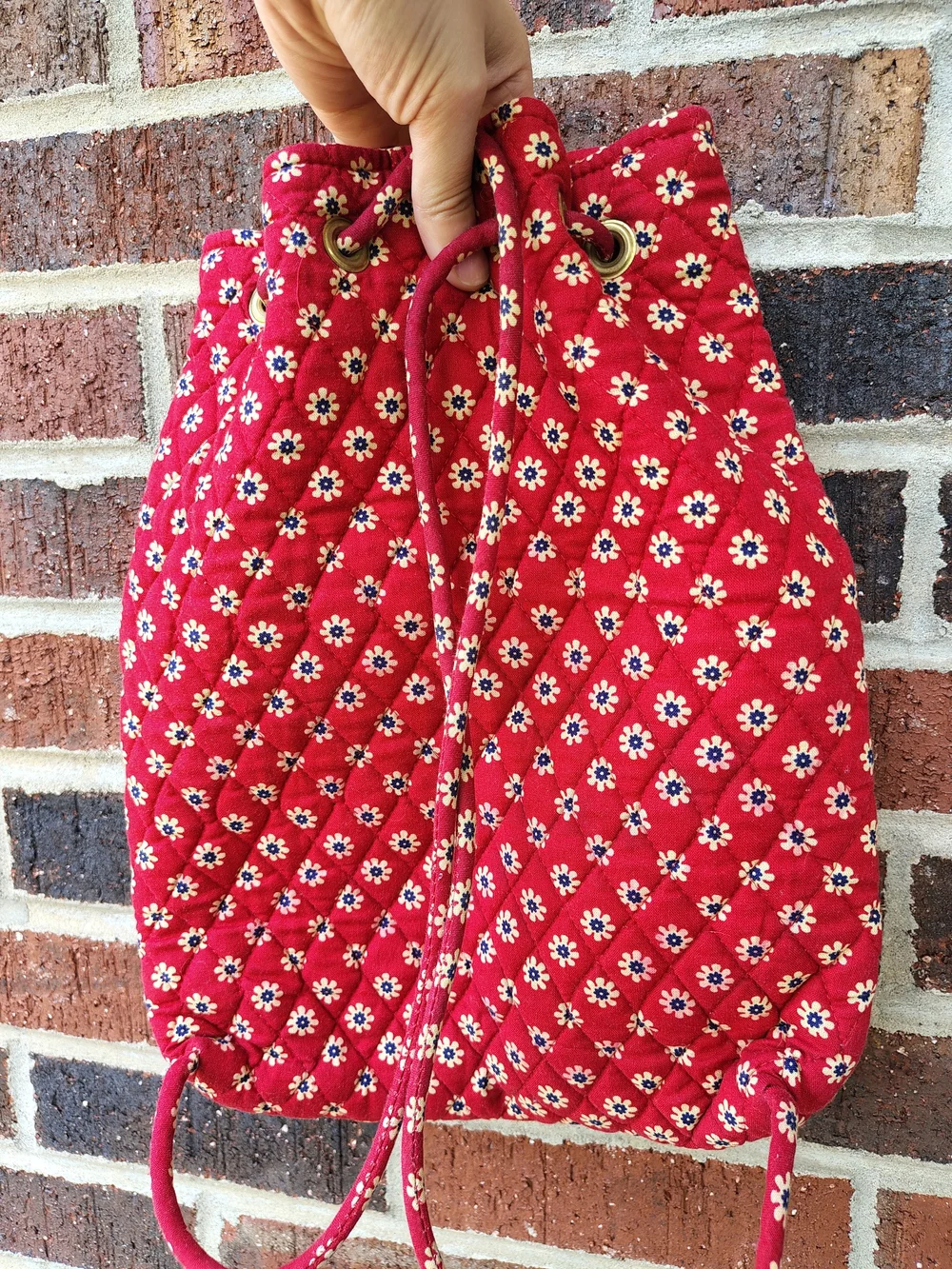 Vtg Vera Bradley Quilted Drawstring Backpack & Trifold Wallet Set Red Paisley